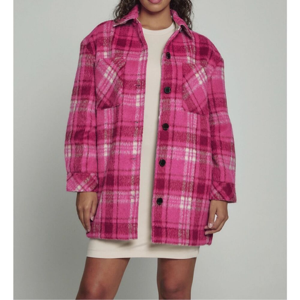 NWOT 7Diamonds Hayden Longline Wool Blend Pink  Plaid Womens Jacket Shacket Coat